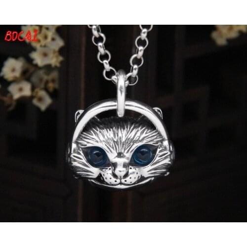 Real S925 Sterling Silver Cat Necklace Pendant Female Trendy Retro Personality Pendant Cute Creative New