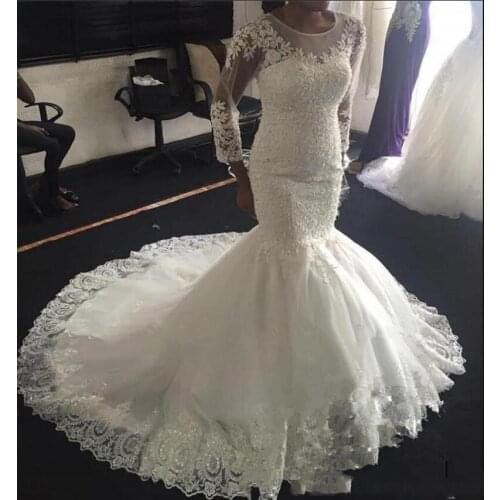 Charming Scoop Neckline Mermaid Lace Appliques Wedding Dresses Sweep Train 3/4 Sleeves Robe De Mariee Bridal Gowns