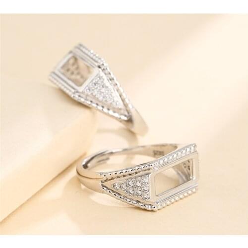 Ring Setting for 6x14mm Rectangle Cabochons Ring Blank White Gold Plated 925 Silver Zircon Adjustable Ring Base SR0070