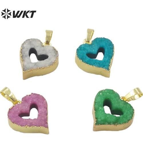 P1668 Wholesale gold flash small natural druzy quartz heart pendant necklace handmake natural druzy stone quartz pendants