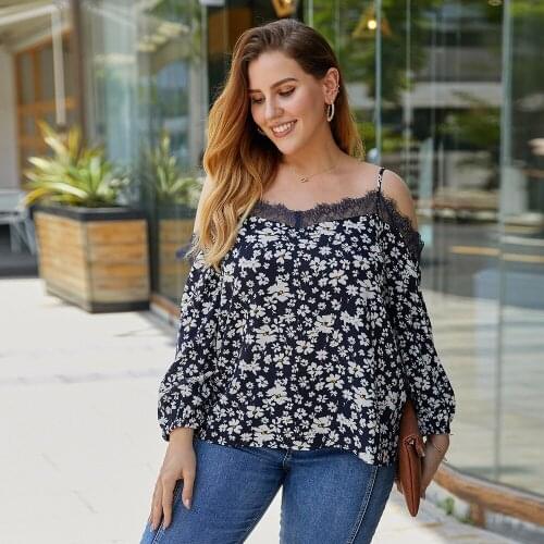 Spring Autumn Plus Size Blouses Spaghetti Strap Lace Patchwork Floral Print Women Tops Casual Blusas Outerwear TP202029