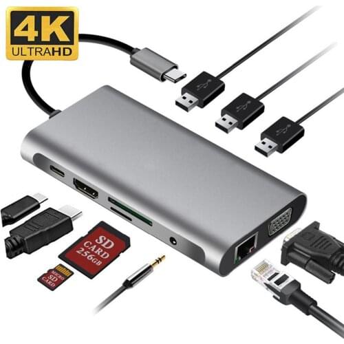 USB 3.0 Multiport Hub Adapter 10 IN 1 Type C HDMI-compatible VGA PD USB Hub VGA PD TF Expansion Hub Dropshipping Wholesale