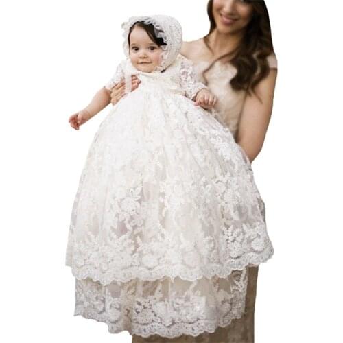 Vintage Infant Baby Girls Flower Dresses Lace Christening Gowns Newborn Babies Baptism Clothes Princess Birthday Party Dresses