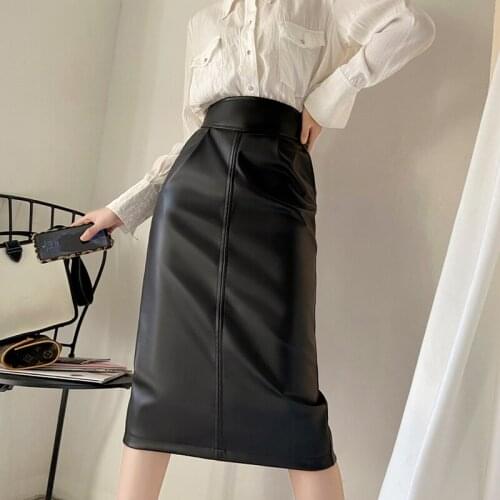 Chic Fall New Long PU Skirts Woman Autumn High Waist All Match Straight Faux Leather Jupe 2021 Package Hip Split Faldas Mujer