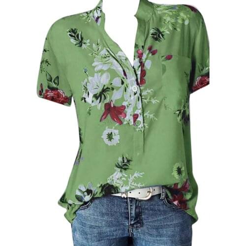 Women Casual Short Sleeve Fashion All-match Light Yarn Blouse Green Simple Fresh Elegant Plant Flowers Printing T-shirt