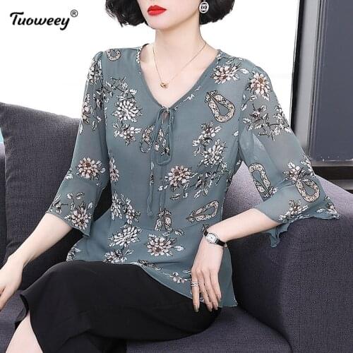Autumn short Sleeve print chiffon blouse women shirt elegant bow V-neck casual office ladies tops womens tops and blouses