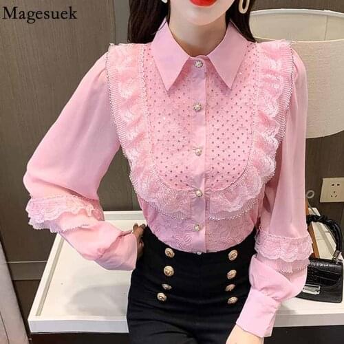 Autumn Elegant Bottoming Shirts for Women Stand Collar Ruffled Blouse with Lace Long Sleeve Slim Vintage Shirt Chiffon Top 16900