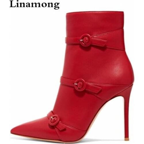 Spring New Brand Women Sexy Red Black Zip Side Pointed Toe 100 mm Buckled Leather Ankle Boots Stiletto Heels Short Booties 35-42