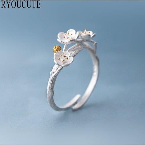 Exaggerated Personality Silver Color Plum Flower Rings for Women Adjustable Size Finger Rings