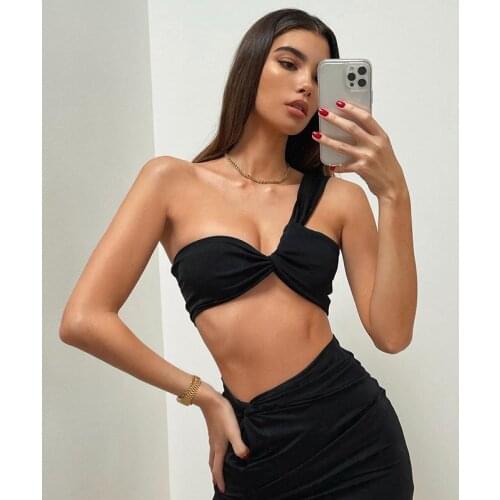 2021 Solid Women Two Piece Set One Shoulder Crop Top Tanks Mini Skirt High Slit Bodycon Sexy Party Club Elegant 2021 Summer