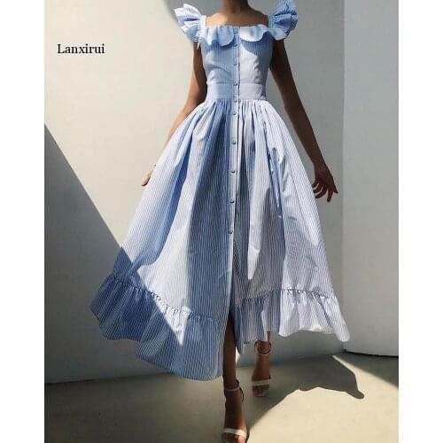 Striped Square Neck Flutter Sleeve Sweet Dress Women Ruffles Maxi Dress Women Dresses Evening Maxi Long Robe Vestido