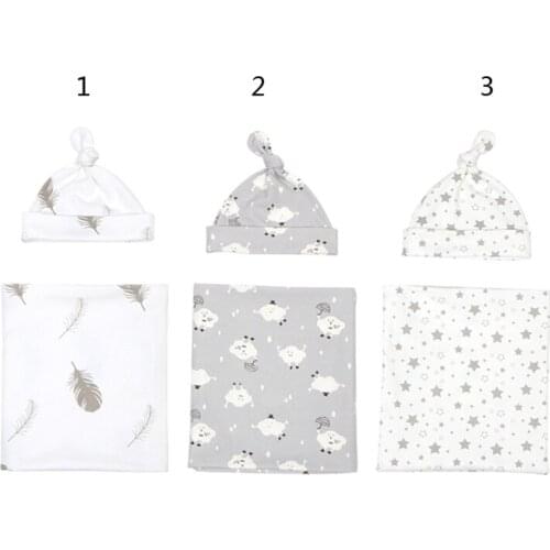 2pcs Newborn Infant Baby Boys Girls Swaddle Receiving Blanket Swaddle Muslin Wrap Hat Set Bedding Cartoon Sleeping Bag