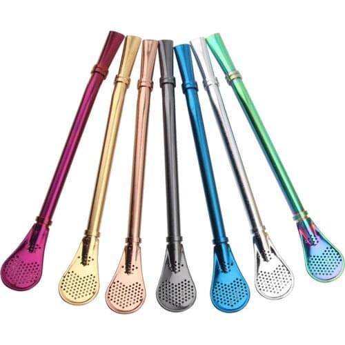 2 in 1 Spoons Stainless Steel Long Handle Drinking Straw Spoon Tea Filter Dessert Spoon Reusable Coffee Stirring Spoon Teaspoon