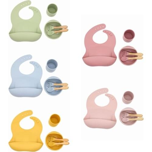 5 Pcs Baby Silicone Bib Cup Suction Bowl Spoon Fork Set Training Feeding Food Dinner Plate Dish Utensil Tableware Kit