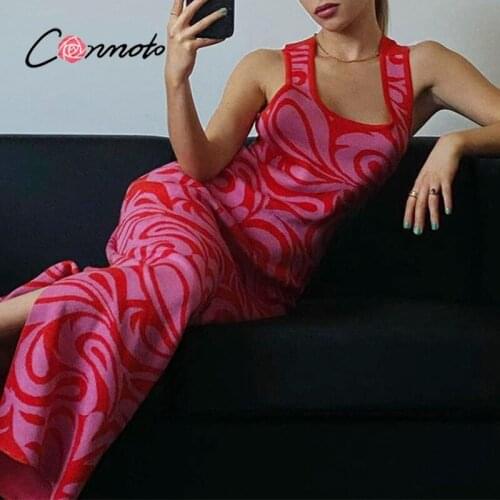 Conmoto Boho Y2k Long Bodycon Women Knit Dress Sexy Backless Strap Party Dress Club Summer Sleeveless Beach Split Pink Vestidos
