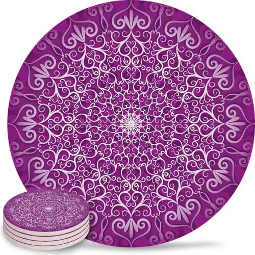 Purple Round Flowers Coasters Coffee Table Decor Kitchen Accessories Ceramic Coaster Dinning Table Decoration Placemats