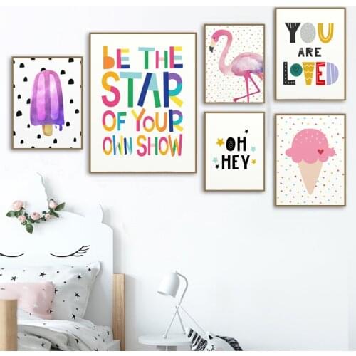 Flamingo Ice Cream Poster Print Baby Nursery Wall Art Inspiratinal Quote Canvas Painting Cute Nordic Kid Bedroom Decor Picture