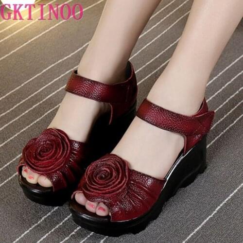 GKTINOO 2020 Ethnic Style Genuine Leather Women Shoes Sandals Wedges Sandals Handmade Genuine Leather Platform Women Sandal
