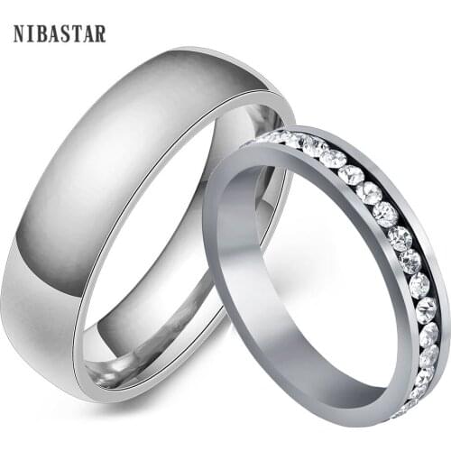 NIBASTAR Fashion White Zircon Couple Rings Stainless Steel Plain Ring For Men Women Wedding Wholesale Jewelry Gift