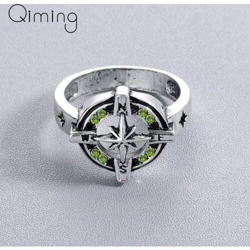 Hip Hop Rock Punk Compass Rings Nordic Mythological Story Viking Luxury Green Crystal Rings For Men Women Boyfriend Gift