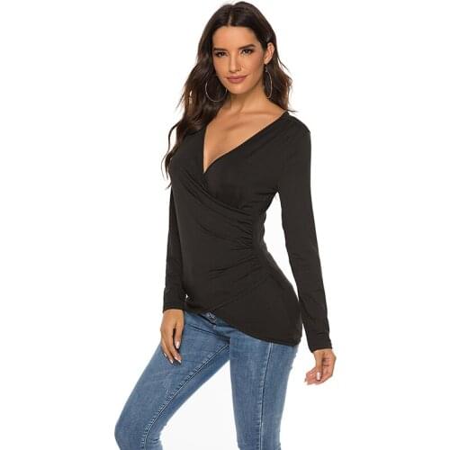 Fashionable womens T-shirt Slim Sexy Deep V Neck Office Long Sleeved Blended Top Irregular Hem Casual Female T Shirt