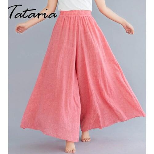 Fashion Culottes Cotton Linen Pants Women Candy Color Calf-length Loose High Waist Female Big Hem Vintage Pants Casual Trousers