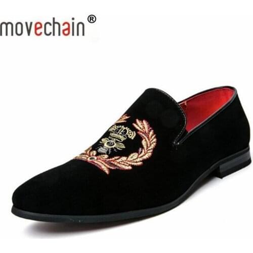 Movechain Fashion Mens Casual Embroidery Loafers Mens Suede Genuine Leather Shoes Moccasins Oxfords Man Wedding Party Flats