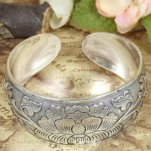 New Tibetan Tibet Silver Color Flower Bangle For Women Beautiful Peony Bracelet Cuff Hand Jewelry