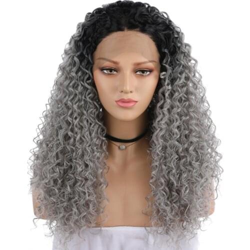 22" Ombre Black and Silver Grey Deep Wave Lace Wigs Kinky Curly Synthetic Lace Front Wigs for Women High Temperature Fiber Hair