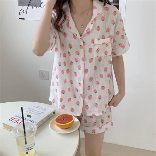 100% cotton strawberry pajamas set summer sleepwear women 2 piece set home clothes short sleeve blouse shorts loungwear set Y597