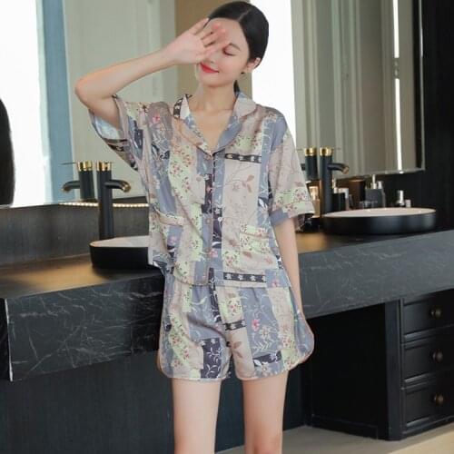 Women Print Floarl 2PCS Pajamas Set Sexy Turn-Down Collar Pyjamas Sleep Suit Sleepwear Nightwear Summer Satin M-XXL Home Clothes