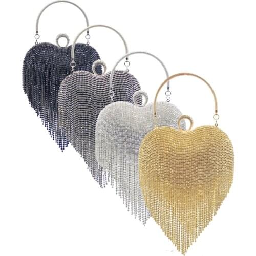 Luxury Diamond Dinner Clutch Bag Women Tassel Tote Rhinestone Handbag Heart Shape Banquet Crystal Evening Bag Clutch