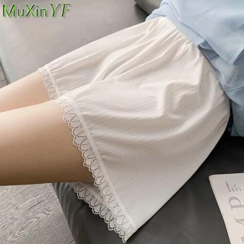 Loose Lace Hollow Out Ice Silk Shorts 2021 Summer Womens Solid White Safety Pants Under Skirts Lady Korean Breathable Underwear
