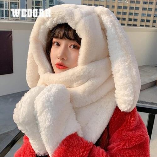 WEOOAR 2021 Plus Velvet Bunny Ears Hat Womens Winter Cap Mens Rabbit Hats with Earflaps Plus Velvet Girls Hats+Gloves+bib 205