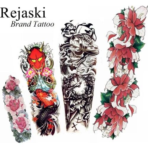 Flash Red Dragon Temporary Tattoo Black Smoke Clock Full Arm Watercolor Carp Tattoo Sticker Women Makeup Tatoos Men Body Leg Art