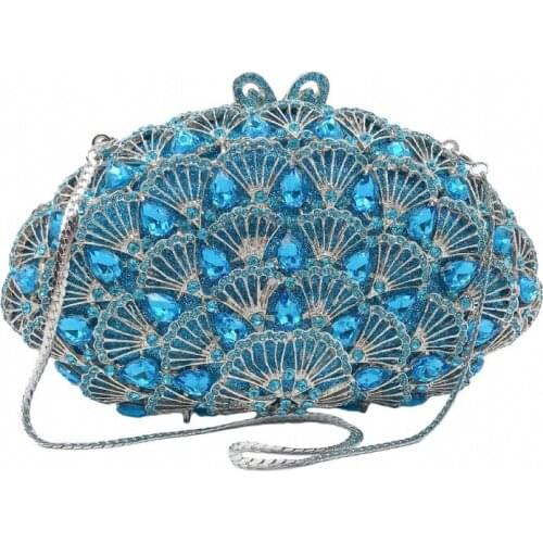 WHTUOHENG Silver Metal Blue Rhinestone Clutches Diamond Phone Clutch New Fashion Women’s Dinner Banquet Small Chain Purses