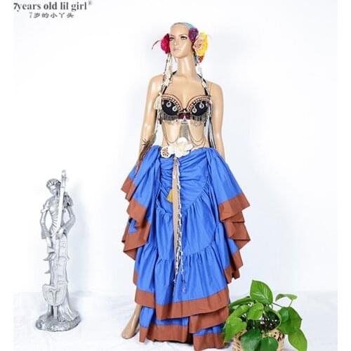 7years Old Lil Girl 2021 Cotton 4tiered 18Yards Ats Gypsy Tribal Belly Dance Skirt With Border CWW09