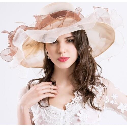 Womens Wide Sun Hat Floral Organza Wedding Party Cap Ladies Kentucky Derby Hats Female Summer Wide Birm Sun Hats B-8629