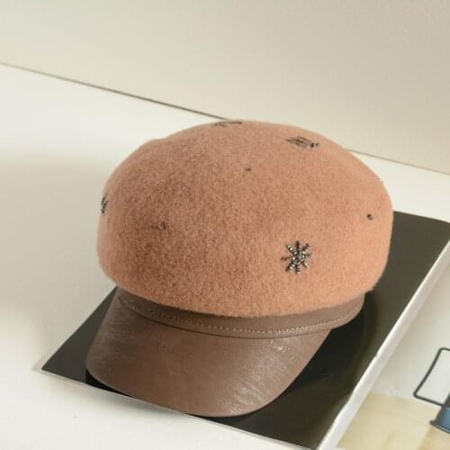 Fashion Sailor Hats For Women Casual Berets Soft Wool Fedora Splicing Leather Eaves Navy Hat Beading Female Winter Military Cap