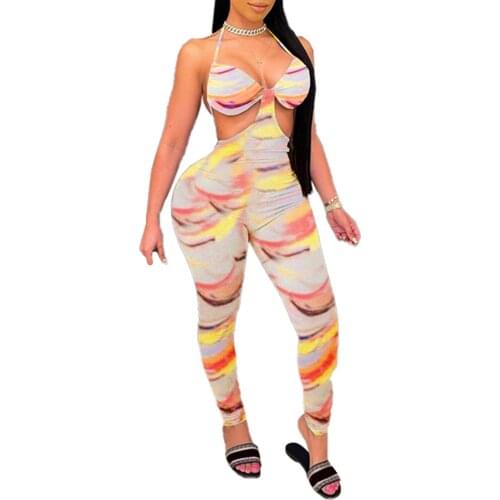 Female Jumpsuit, Tie-Dyed Halter Neck Sleeveless Backless Romper Playsuits for Adults Women, S/M/L/XL/XXL
