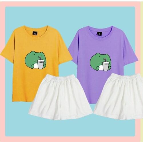 Women Sweet Frog Short Sleeve Sleepwear Cotton Oversized Night Suits Casual Pullover Girls Pajama Indoors and Outdoors Pj Set