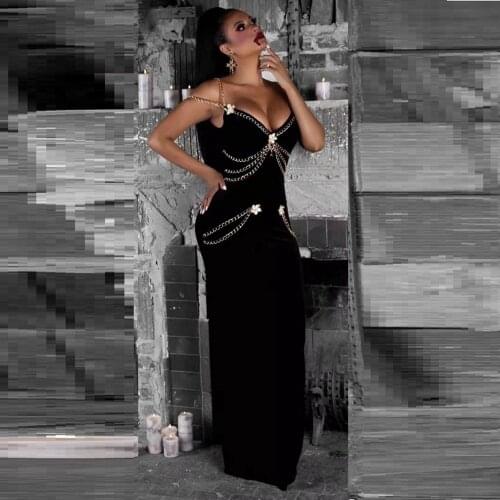 2020 New Arrival Black Beading Chain Spaghetti Strap Long Maxi Bandage Dress V Neck Summer Elegant Celebrity Party Wedding Festa