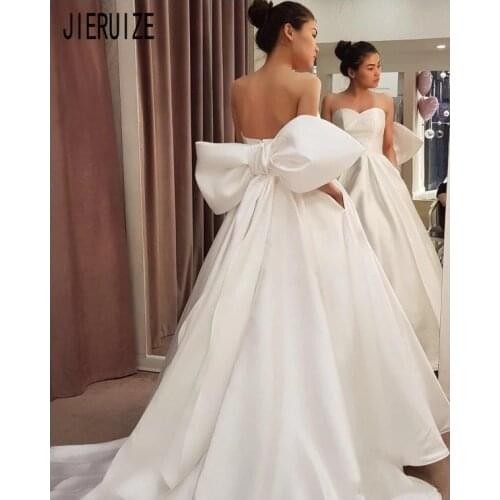 JIERUIZE Fashion Back Design Wedding Dresses with Big Bow Sweetheart Neck Backless Simple Satin Vestido de novia Bridal Gowns