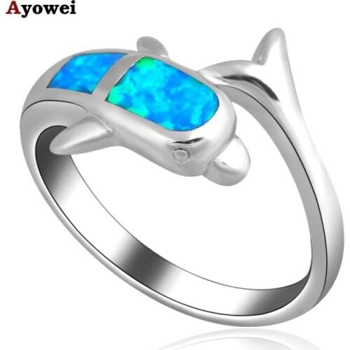 AYOWEI Lovely Dolphin shape stylish Blue Fire Opal 925 Silver Stamped Ring USA Sz #6.5 #7.5 Fashion Jewelry OR321A