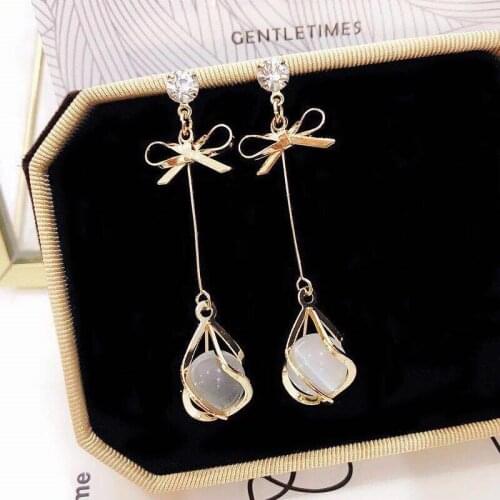 Long Opal Drop Earrings Gold Bowknot Rhinestone Earring Pendientes Elegant Korean Fashion for Women Party Jewelry Gifts