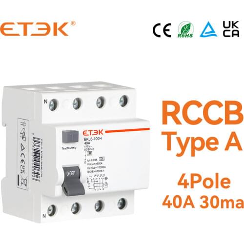 ETEK EKL6-100H-3N4030A RCCB 10KA 3P+N 40A 30mA Type A