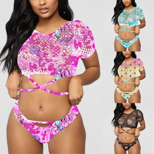 Hot Kf-Womens Sexy Net Gauze Printing Hollow Sexy Lingerie Briefs 2-Piece Suit