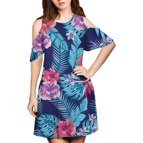 Hycool Polynesian Hibiscus Print Leakage Shoulder Clothing Summer Short Sleeve Blue Floral Dress Ladies Casual Party Midi Dress