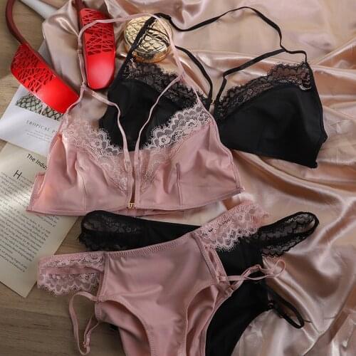 Hanging-neck ultra-thin wirefree underwear female thin shoulder beautiful back single-breasted front button sexy lace bra set