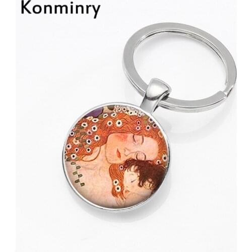 Konminry Klimt Mother and Child Art Round Glass Key Chain Van Gogh Painting Style Key Chains For Women Men Car Key Jewelry